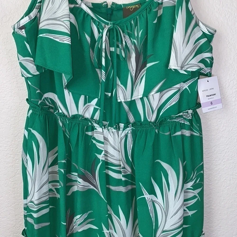 Taylor Green Tropical Print Palm Leaves Tiered Dress Size 6